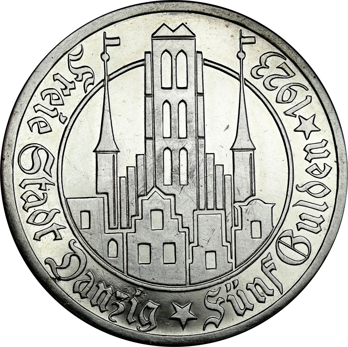 Wolne Miasto Gdańsk/Danzig. 5 Guldenów 1923 Kościół NMP - STEMPEL LUSTRZANY
